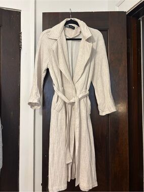 Zara Cream Ribbed Long Soft Jacket with Tie Belt